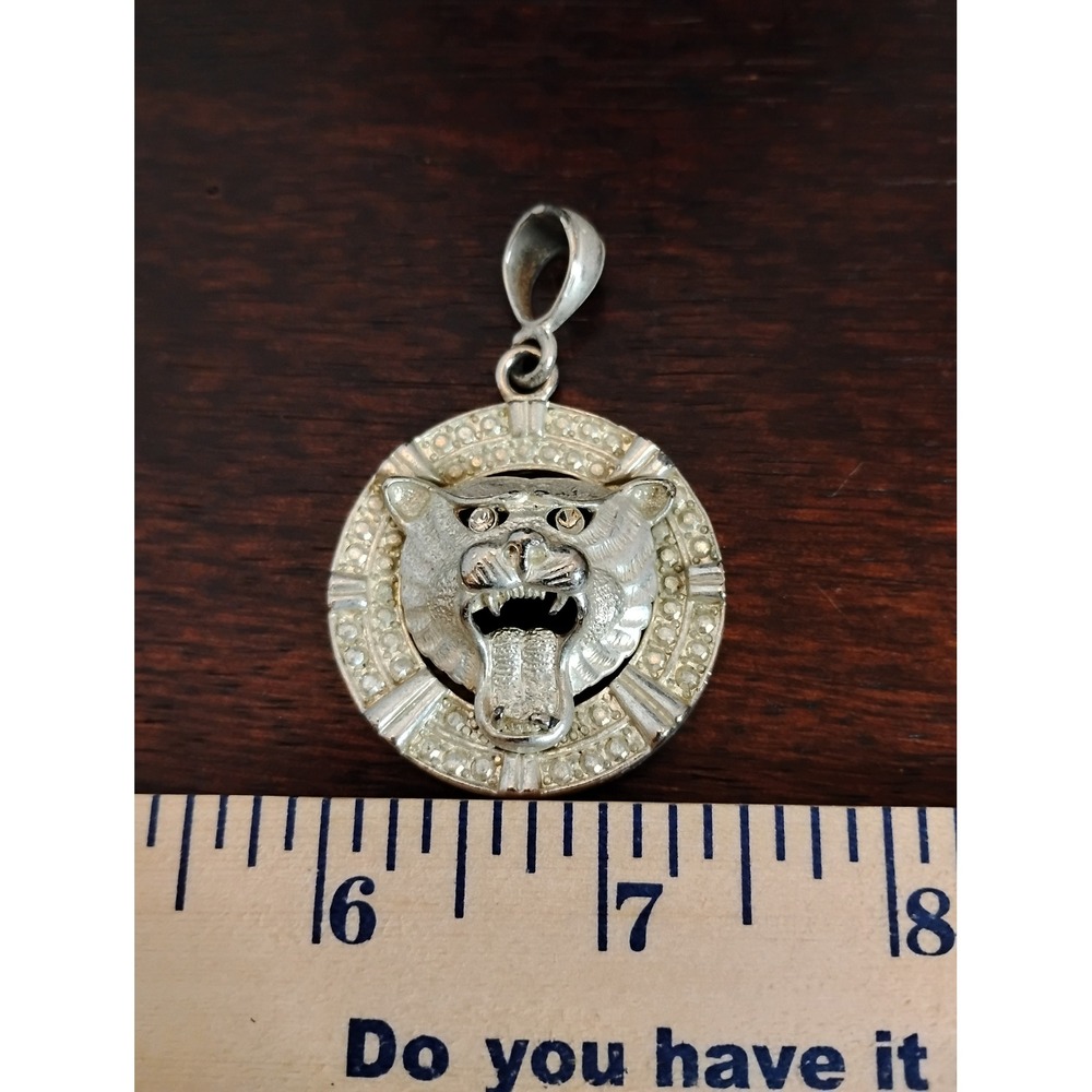 Vintage Silver Tone Panther Head Rhinestone Medallion Pendant Wild Cat Jewelry